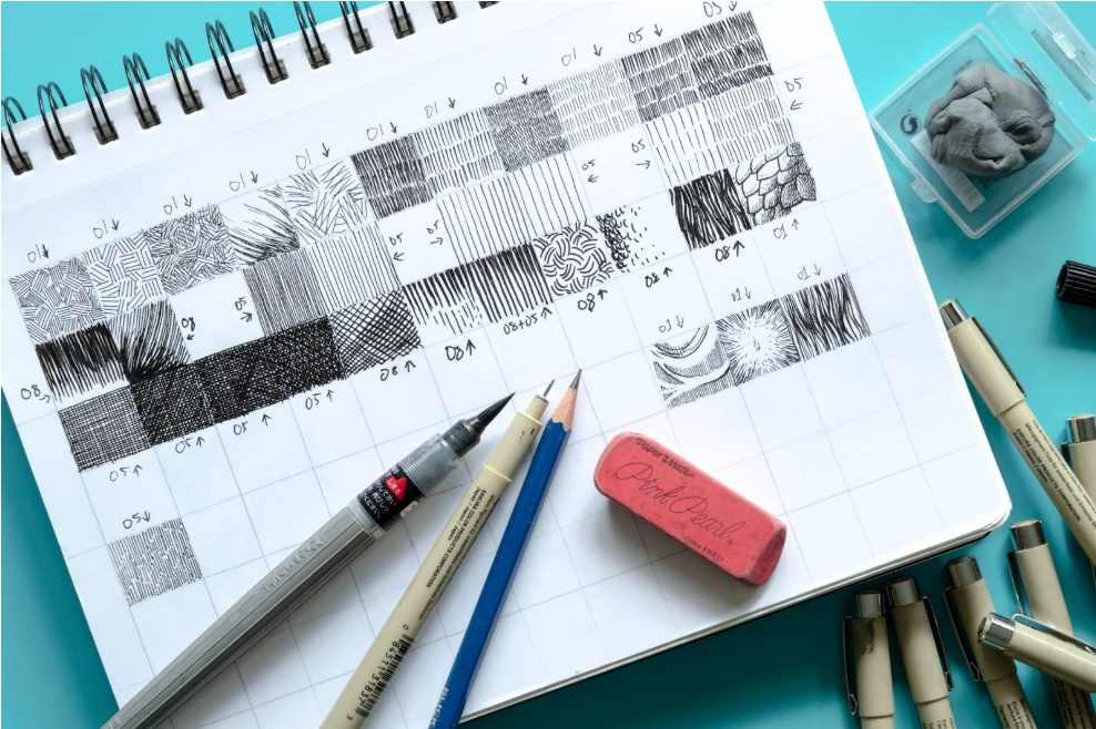 Making a swatch page of ink textures in a sketchbook